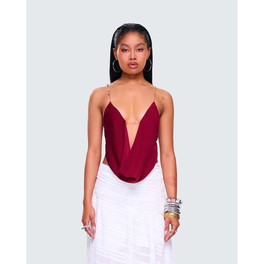 Finesse Ginger Burgundy Backless Cowl Top Stone Chain Straps Size S 24-T079-BURS